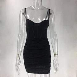 Summer Mesh Sleeveless Fish Bone Sexy&Club Slim Fitness Bodysuit Mini Women Dress