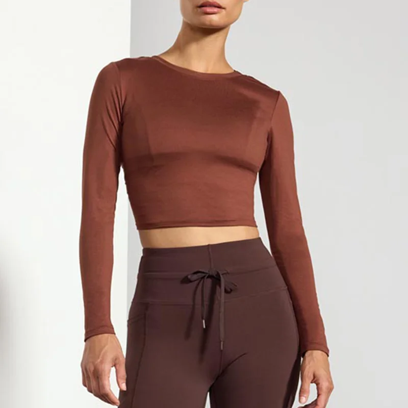 Custom Logo Polyester Four Way Stretch Fitted Crew Neckline With Twist Back Sports Long Sleeves Cropped Top For Women