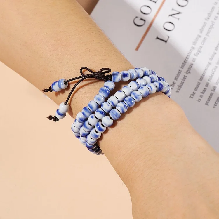 Fresh Colorful Spots Ceramic Triple Loop Bracelet Vintage Chinese Knot Buddha Beads Multi-Layered Winding Bracelet For Women