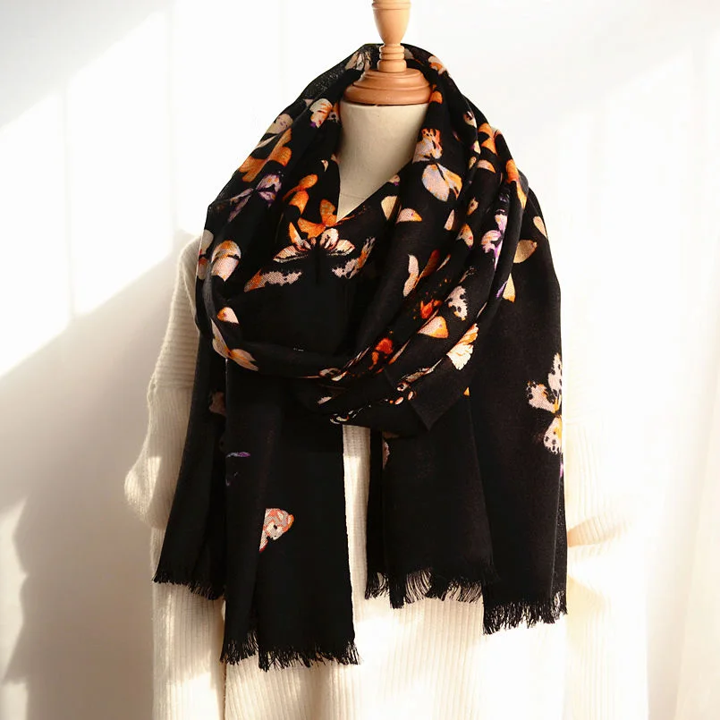 Негабаритный шерстяной шарф-бабочка высокого качества с черным принтом мягкая тонкая роскошная шаль для женщин и женщин
