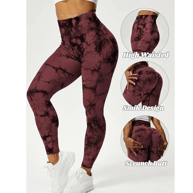 Women High Waist Yoga Pants Tie Dye Seamless Leggings Scrunch Butt Lifting Elastic Tights
