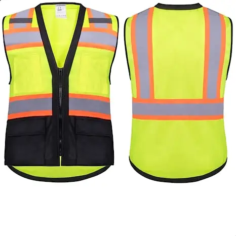 Safety Vest Reflective with Pockets and Zipper, High Visibility ANSI Class 2 Vest Hi Vis Yellow Vest With Black Bottom