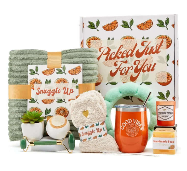 Novelties 2024 Orange Fruit Themed Unique Gift Box Spa Bath Bomb Blanket Candle Thinking Of You Custom Logo Gift Set for Women