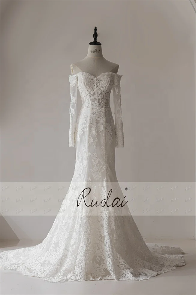 Ruolai QW01863 Sweep Train Lace Up Back Sweetheart Neckline Off Shoulder Long Sleeves Mermaid Wedding Dresses For Bride
