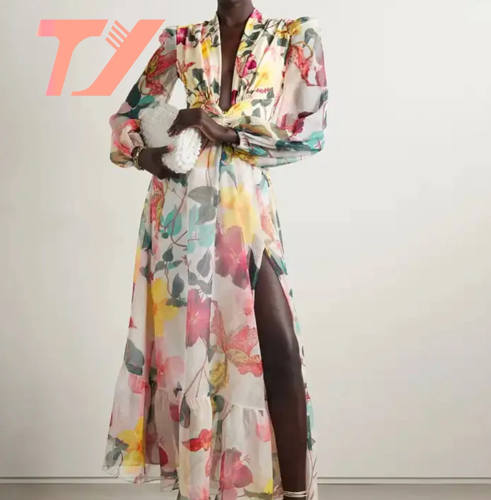 TUOYI Chiffon Fabric Slit Design Long Dress Floral Full Sleeves Casual Dress
