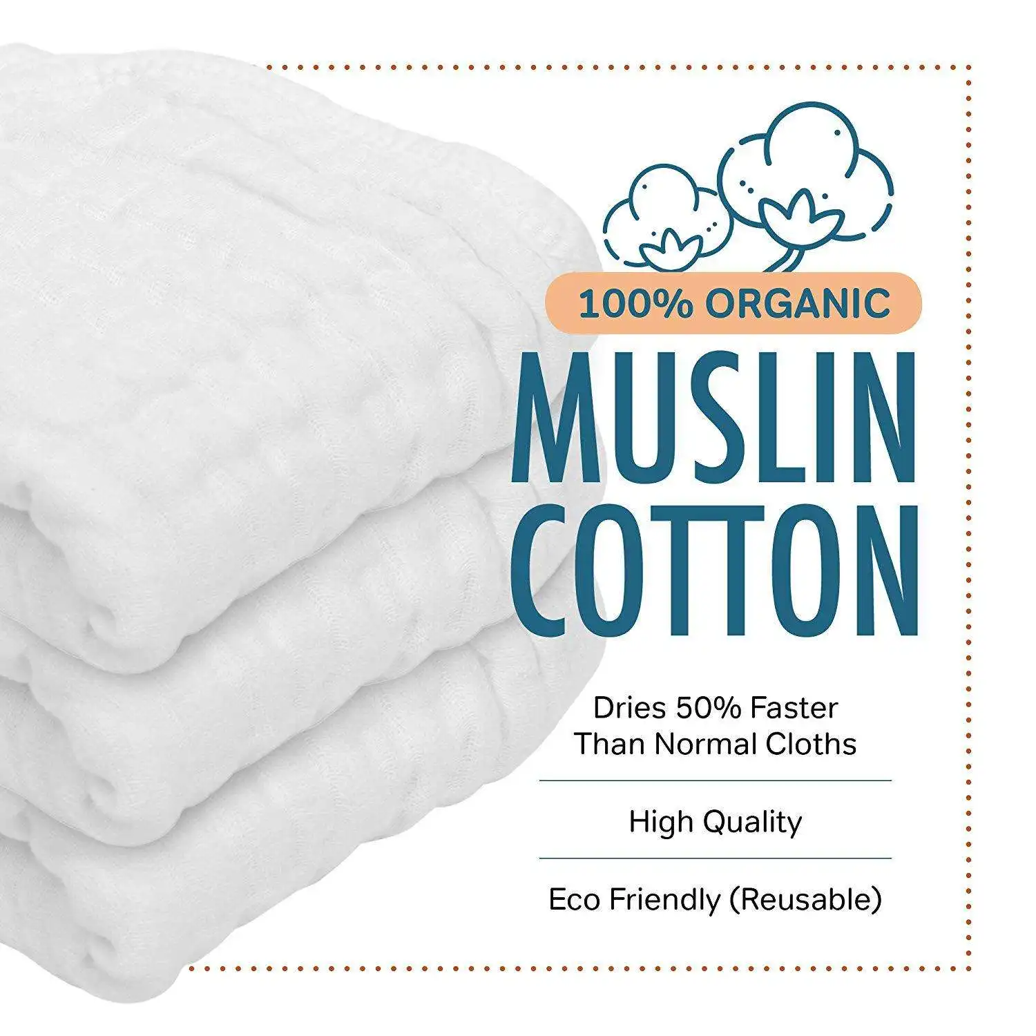 Amazon Hot Sale Quick-dry Muslin Burp Cloths 100% Cotton Baby Saliva Towel Bandana Drool Bibs for Newborn Babies