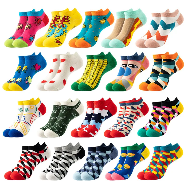 High quality fashion design happy funny cartoon print ankle cotton socks low cut short colored socks for women