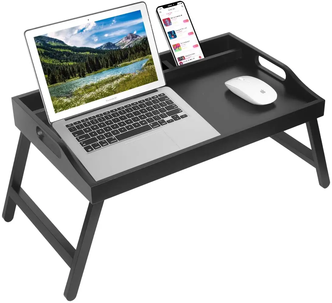 Black Paint Bed Tray Table Folding Legs Bamboo Breakfast Food Tray Foldable Platter Tray Laptop Desk With Media Slot Handles (1600415555963)