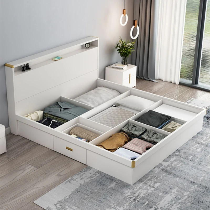 White Wooden With Led Light Bed Frame King Size Bed Storage With Drawers Underneath