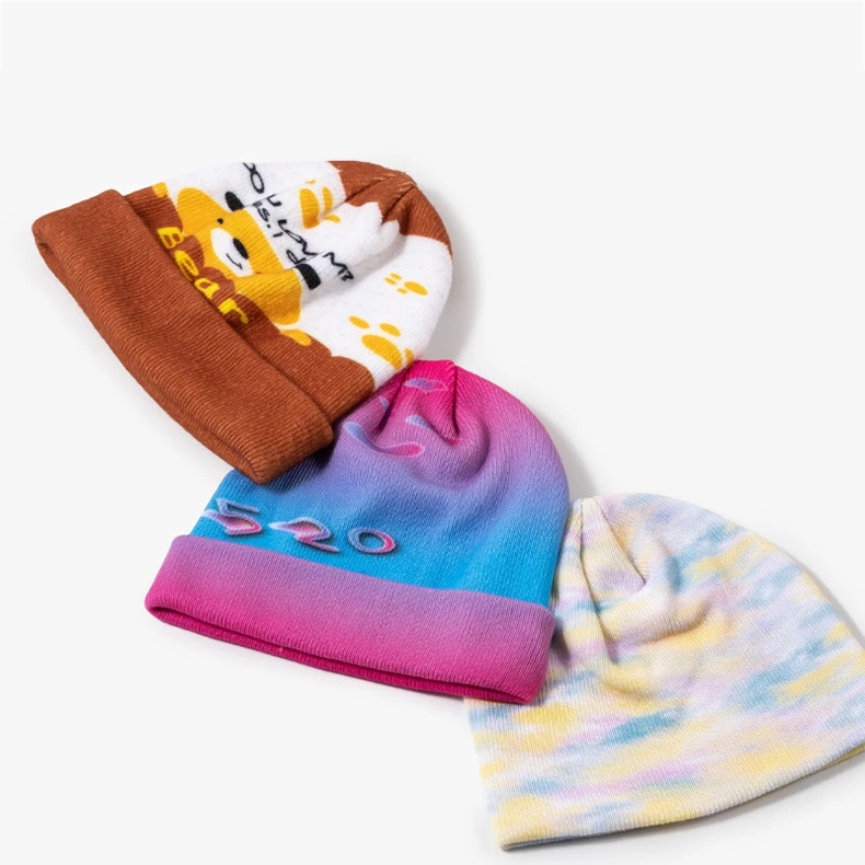 Custom Logo Sublimation All Over Digital Full Puff Print Winter Warm Knitted Cuffed Printed Beanie Hat