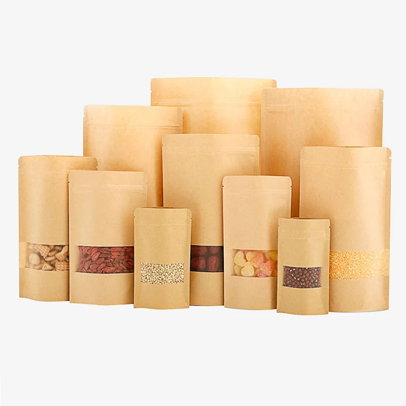 
Custom food-grade waterproof Kraft paper bag with zipper lock and tear notch and matte window 