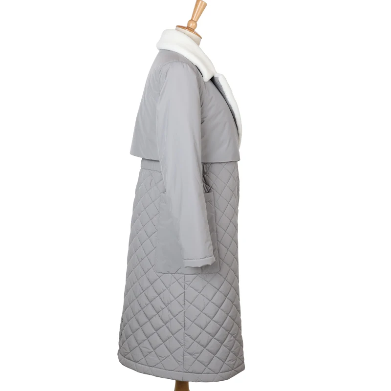 Long straight winter coat with rhombus pattern Casual sashes women parkas Deep pockets tailored collar stylish outerwear