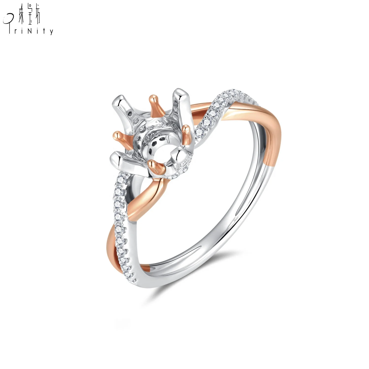 Promotional Fine Handmade Real Gold 18k Solid Gold White Diamond Rose Gold Crown Twist Semi Mounting Ring For Women Wedding