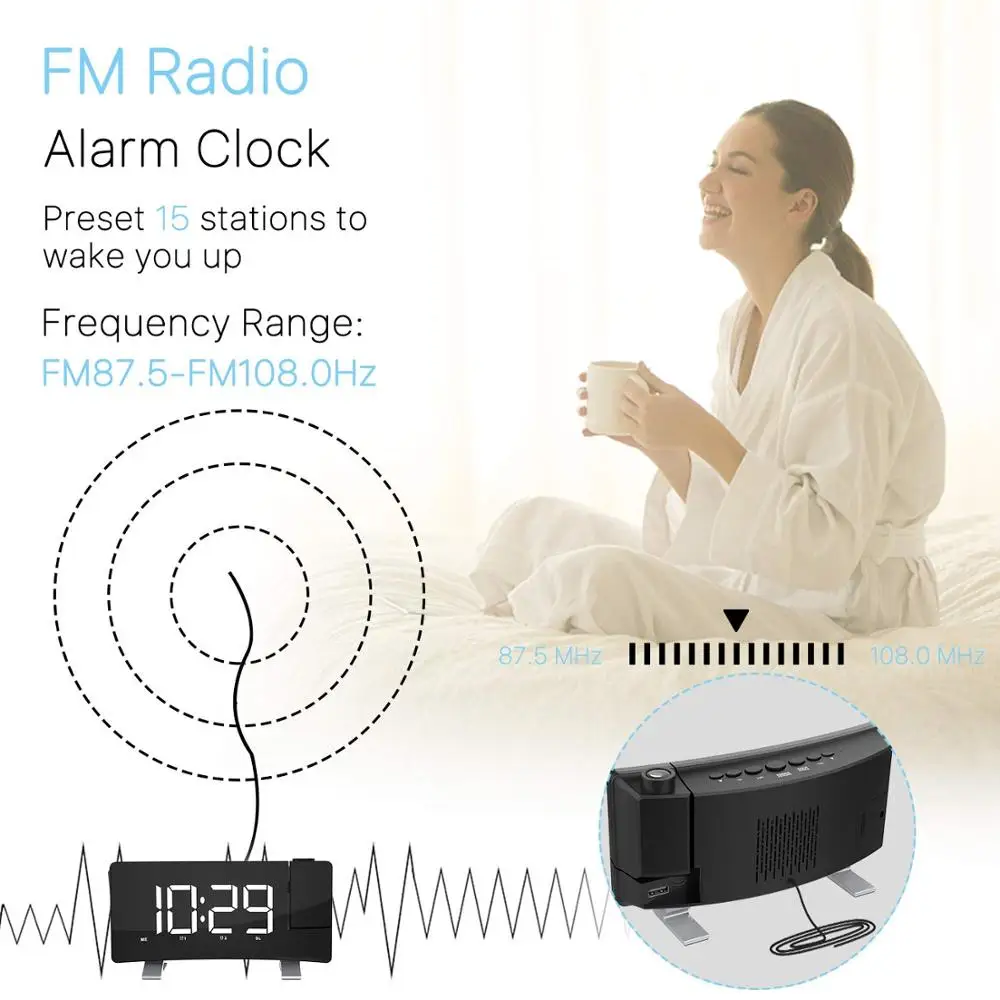 Digital Night LED Light USA Projection Alarm Clock With Wireless Phone Charger