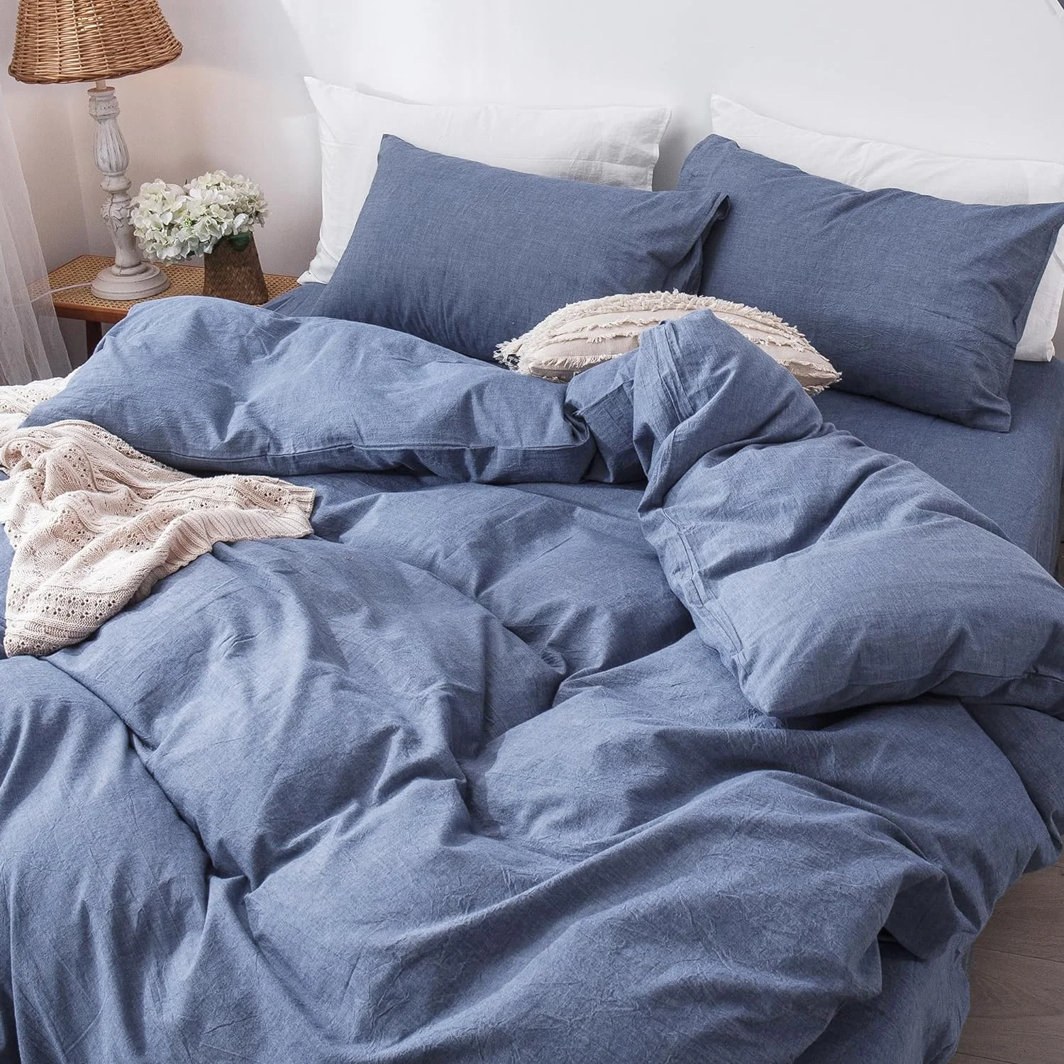 100% Washed Cotton Linen Like Textured Breathable Durable Soft Comfortable Bedding Duvet Cover Set For All Season