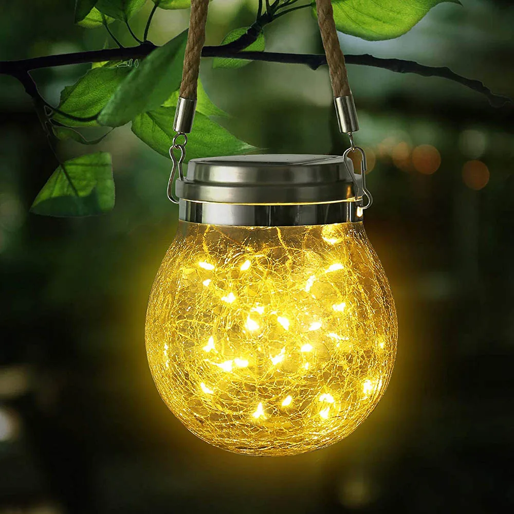 Solar LED lights garden outdoor waterproof led Hanging Crack Glass Bottle Mason Jar 30 LED Light