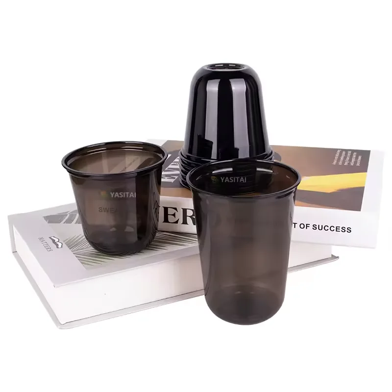 disposable custom logo Black u shape yogurt bubble tea 12 14 16 oz pet cup plastic cup
