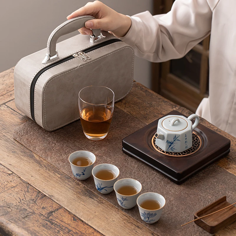 Hand-Painted Kung Fu Tea Set Plum Blossom Orchid Bamboo Chrysanthemum New Chinese Pot Four Cups Portable Outdoor Coffee/Tea