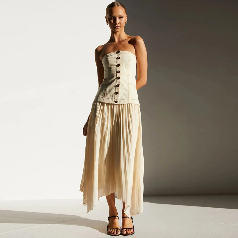 Spring summer high waist midi skirt solid color asymmetric hem women pleated skirts