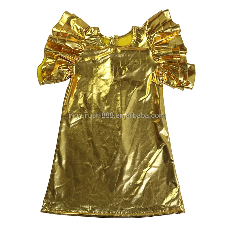 Boutique Multicolor Metallic Fabric Baby Girls T-shirt Dress Flutter Sleeve Fashion Kids Baby Solid Color Dress With Zippers