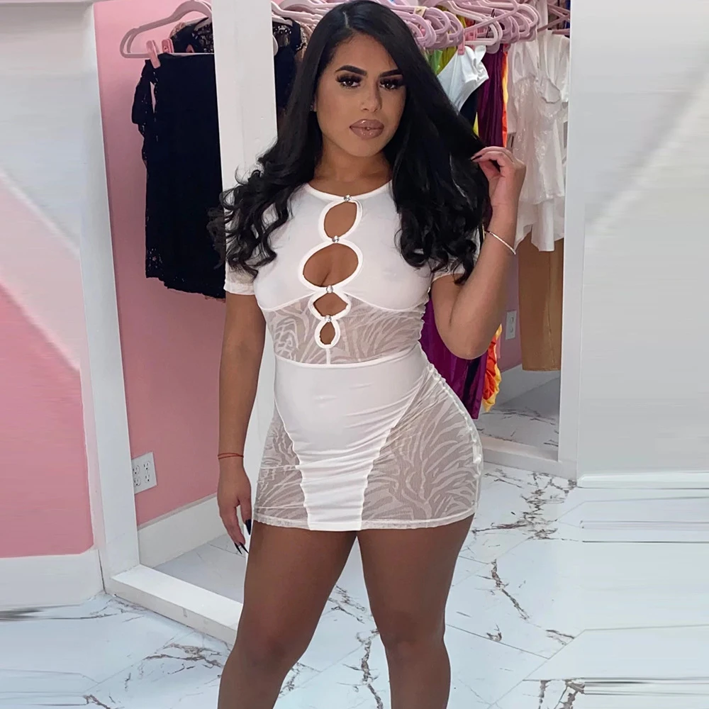 2022 New Summer Mesh Black Dress Sexy Patchwork Cutout Sheer Womens Dresses