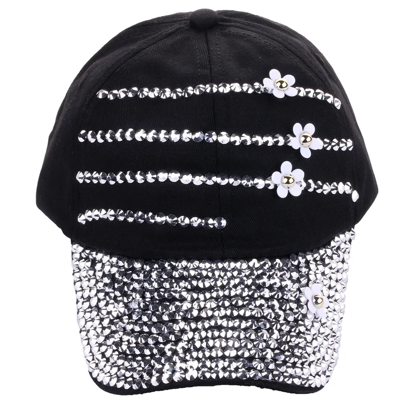 Factory  Custom Fashion Rhinestone Baseball Cap Studded Rhinestone Bling Outdoor Sport Hat Denim Flowers Baseball Hats
