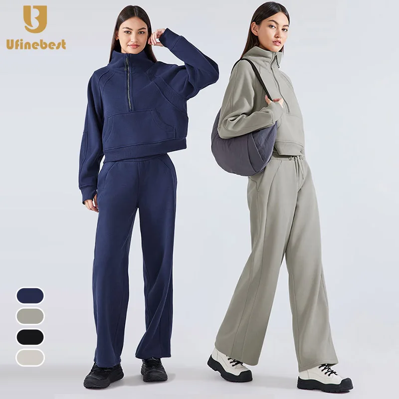 Wholesale 320Gsm womens High Quality Outdoor Leisure Sportswear Two Piece gym fitness Sets Hoodie And Jogging Sweat Pants Set