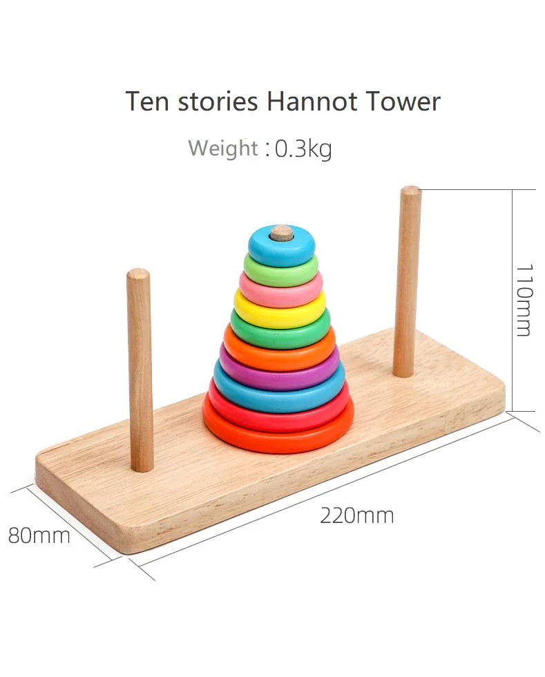 Rainbow Hanoi Tower Unisex Cognitive Color Discrimination Stacking Game Educational Interactive Toy Young Children Made Wood