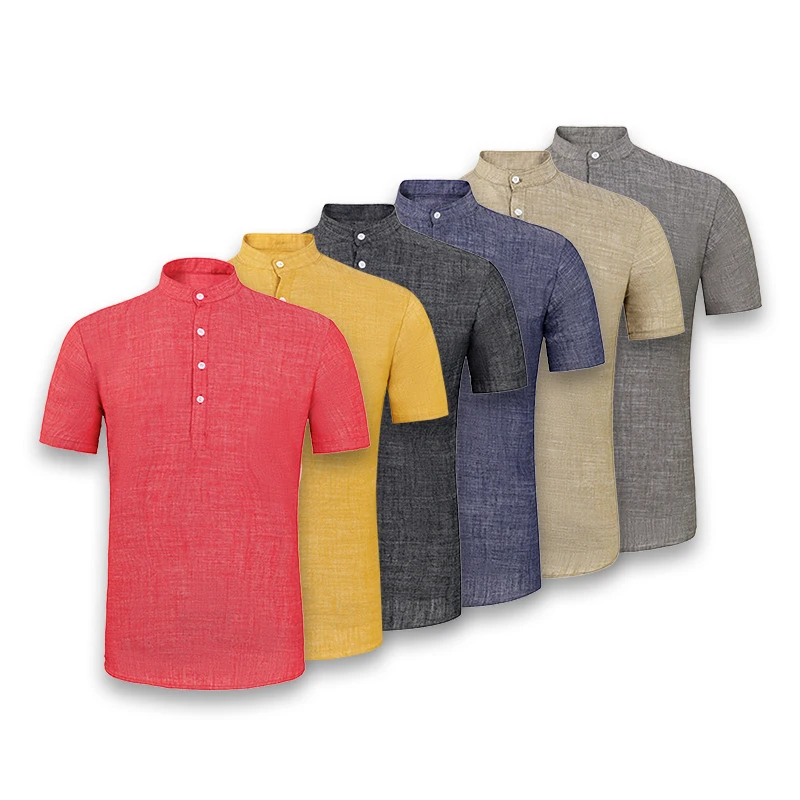 
INTERVIEWER BRAND Short sleeve cotton and linen fabric casual plain dyed vintage yellow fashion shirt men 