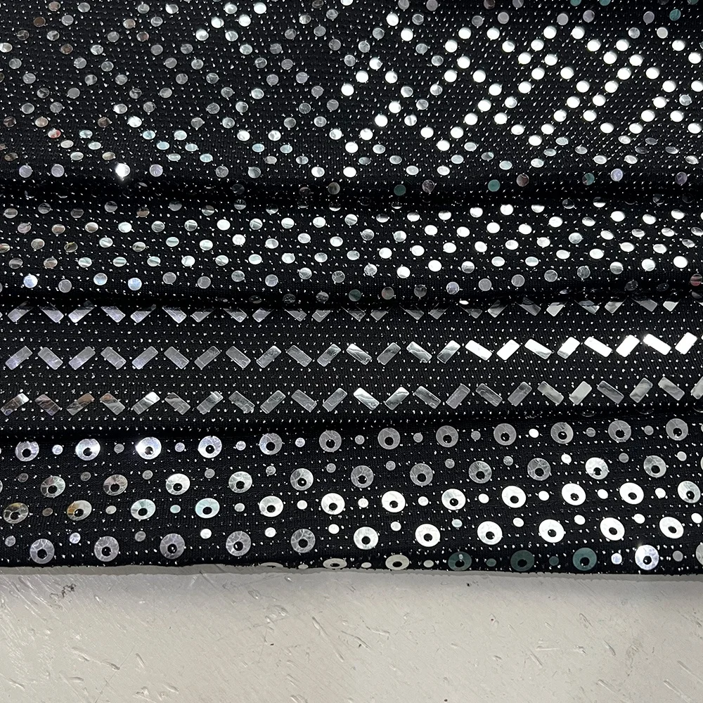 2023 New polyester black lurex metallic foil dot spandex jersey fabric silver sequin metallic lurex knit fabric for party dress