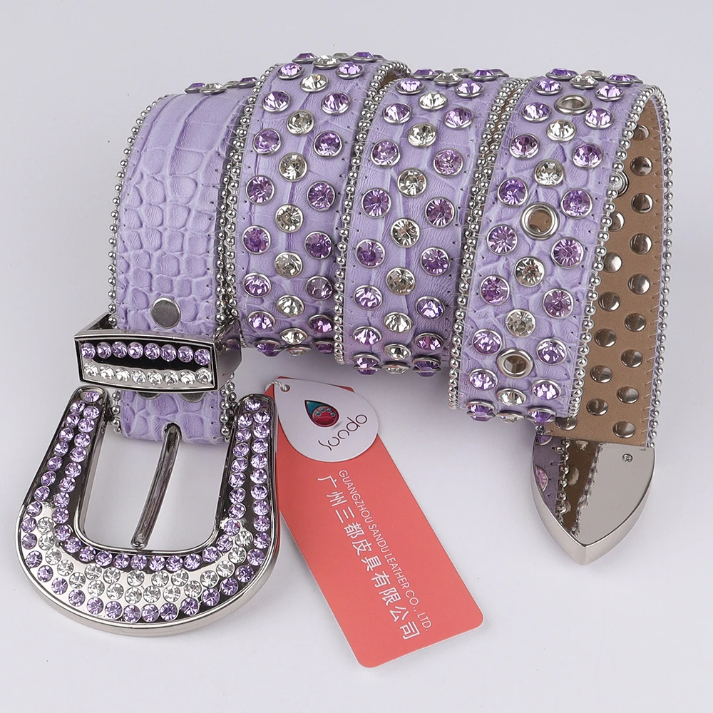 2021 New Designer Shiny Bling Bling Purple Alligator Leather Fashion Bad Girl Crystal Stud Kids Stone Belts for Women belts