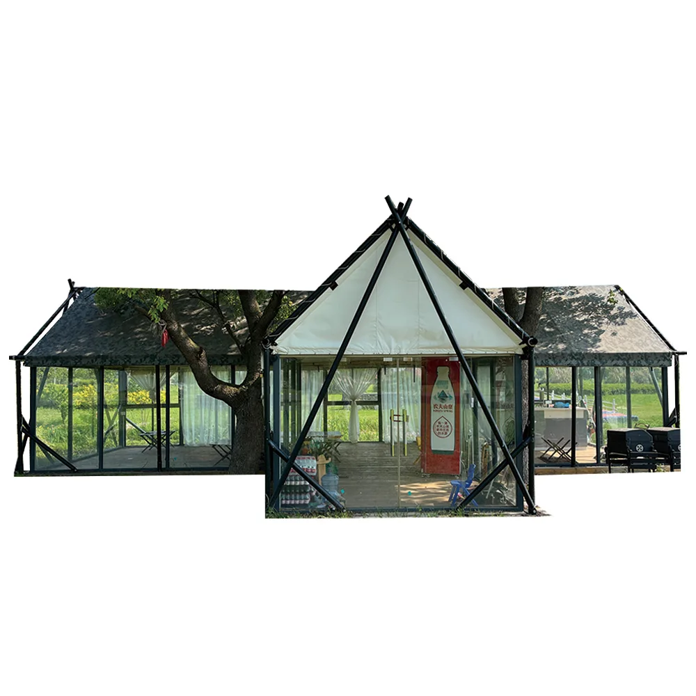 Outdoor 4-6 People Luxury Villa Tents Lodge African Camping Canvas Safari Hotel Resort glass Glamping Tent With Bathroom