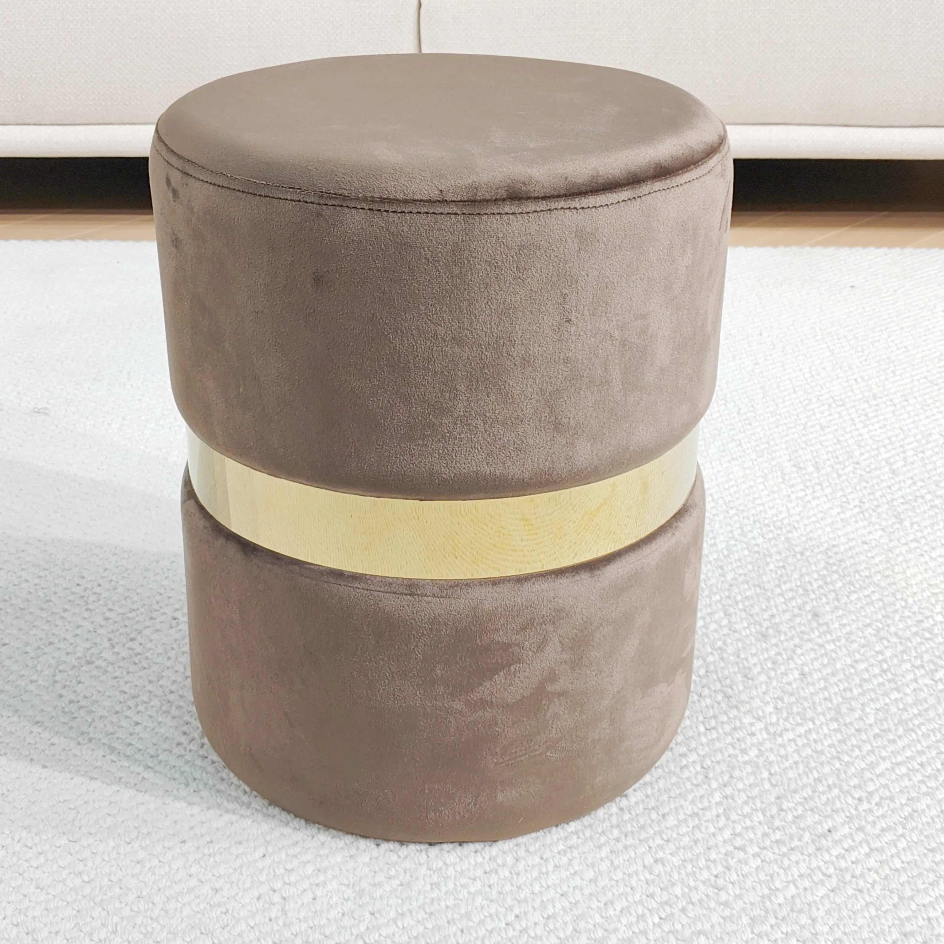 Bailey Custom Modern Nordic Velvet Footstool Stool Round Ottoman Pouf Golden Metal Circle Pouf Ottoman