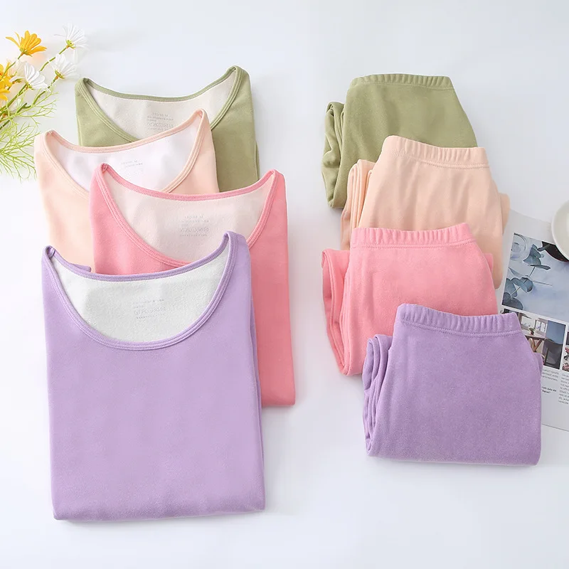 2022 Women Intimate Sets Pajamas Warm Clothes Long Johns Cotton Sweater Velvet Unisex Thermal Underwear Sets Solid Pattern