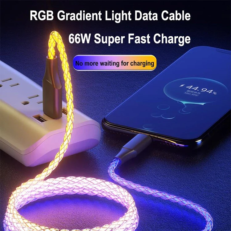Settpower JBA03 66W RGB colorful gradient LED soft light super fast charging data cable 6A data transmission charging cable
