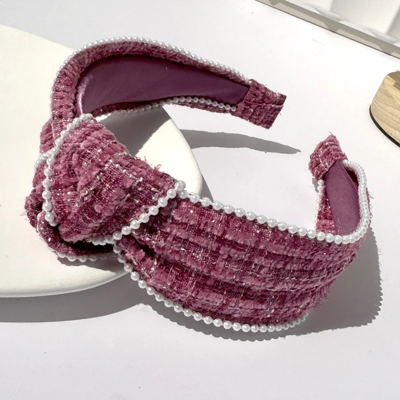 Vintage Winter Elegant Women Knotted Headband French Retro White Pearl Bow hairband Wide Knot Woolen Cloth hairhoop