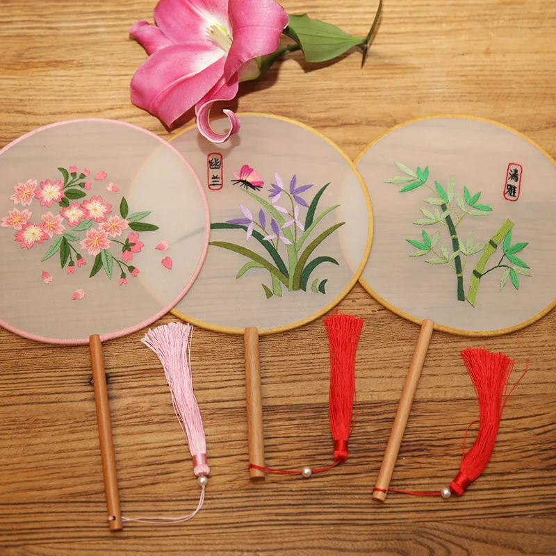 VANCY ARTS Classic Round Fan Wooden Handle Silk Cloth With Embroidered Flower Plum Blossom Come With Display Stand