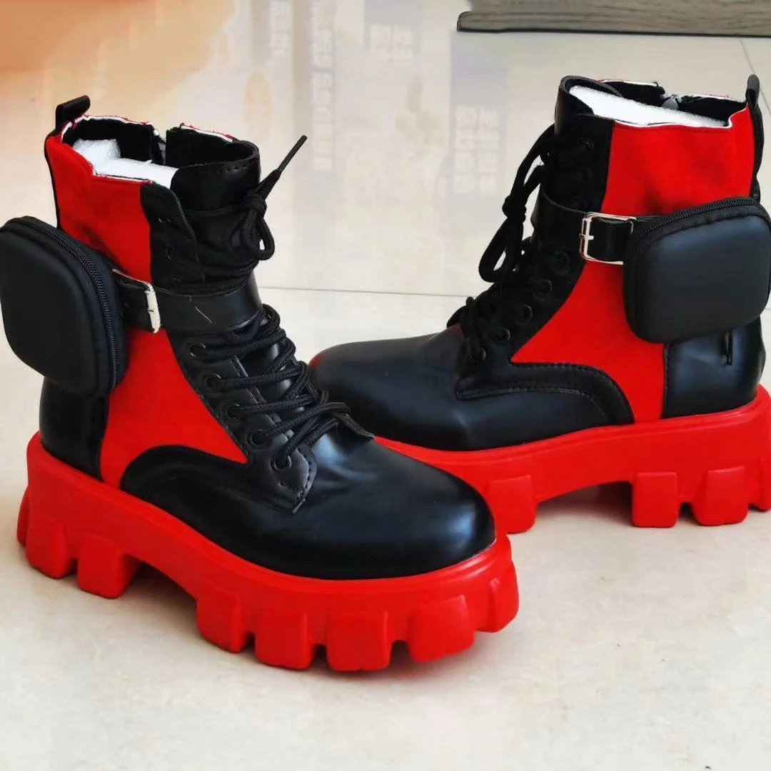 Autumn Big Size Anti-slip Thick Sole Lace Up Women Boots Buckle Round Toe Ankle Boots For Lady Platform Pocket Ornament Booties