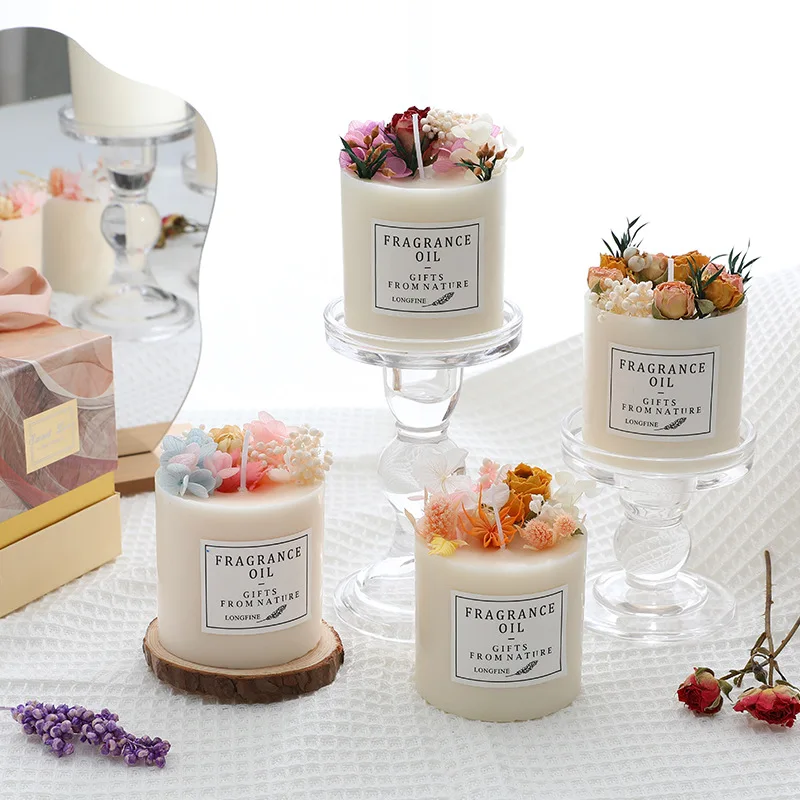 Wholesale Private Label Colorful Glass Jar Candle Home Fragrance Soy Wax Scented Candles with dried flower