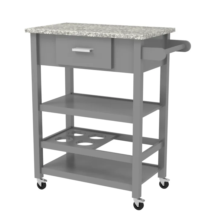 Grey Rubber Wood Top Serving Trolley Wooden Kitchen Island Cart, Kitchen Utility Cabinet with Pine Wood Legs