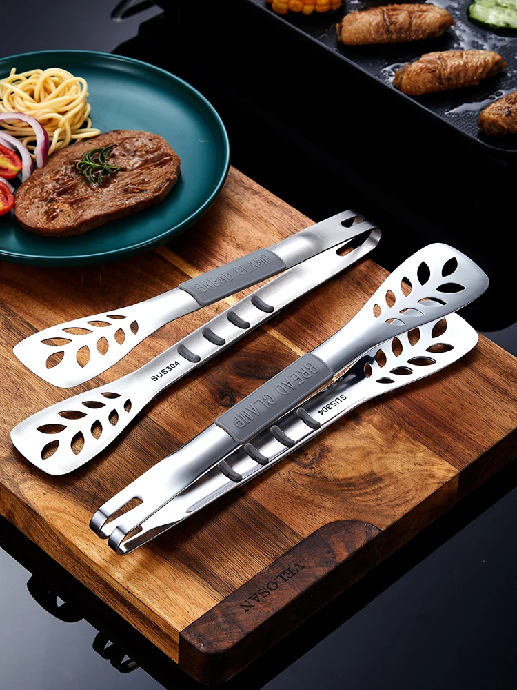 
Kitchen Heat Resistance Silicone BBQ Bread Salad Grill Stainless Steel Food Tongs 