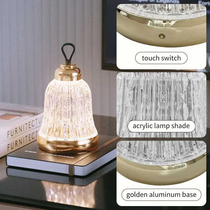 Customized Gift Aluminum Gold Table Lamp Led Portable Wireless Rechargeable Lamps for Bedside Tables