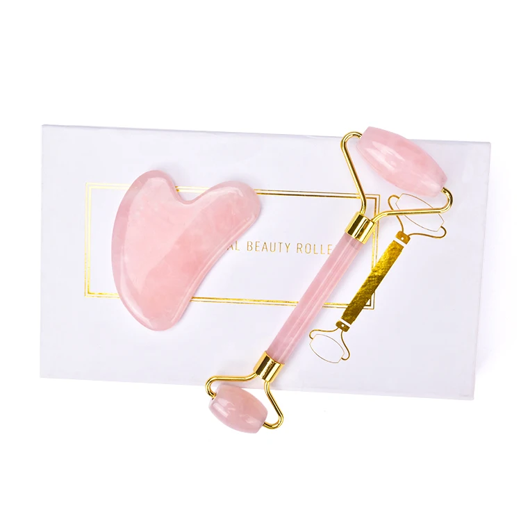 Fast Delivery 100%  Natural Rose Quartz Jade  Face Roller And Gua Sha Set With Box 2 in 1 Custom  Pink Jade Roller Gua Sha Set