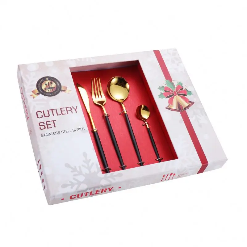 Gold-plated Painted Handle Portuguese Knife Fork And Spoon 24-piece Christmas Flatware Set Service For 6 with Gift Box