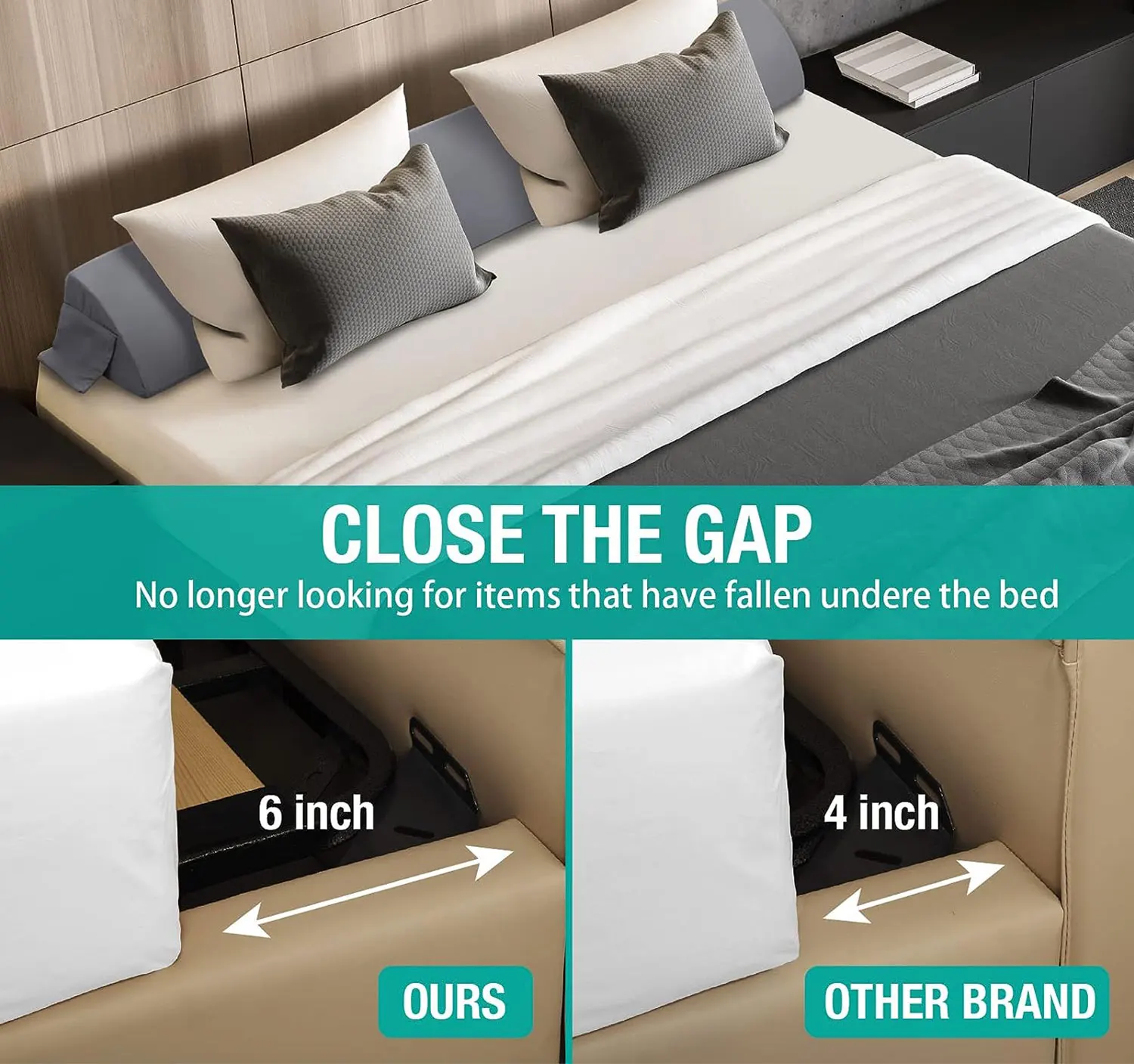 Wedge Pillow for Headboard Bed Gap Filler Queen Size with Side Pockets