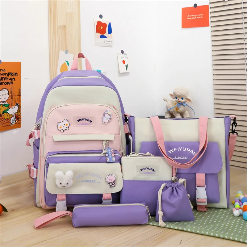 Wholesale Set 5-piece-set Shoulder Bag Pencil Bag Backpack Junior High School Students School Bag Cute Backpack