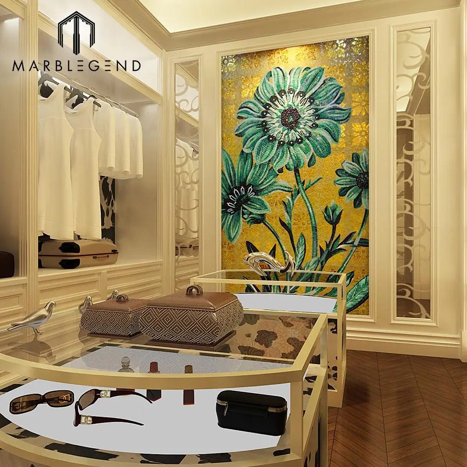 Custom bathroom wall pattern ice jade glass mosaic mural art flower mosaic wall