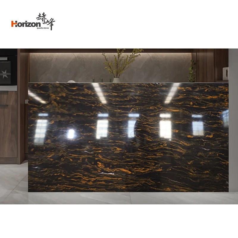 Best price polished surface gold and black engineered quartz stone slab artificial quartz stone slabs for kitchen countertops