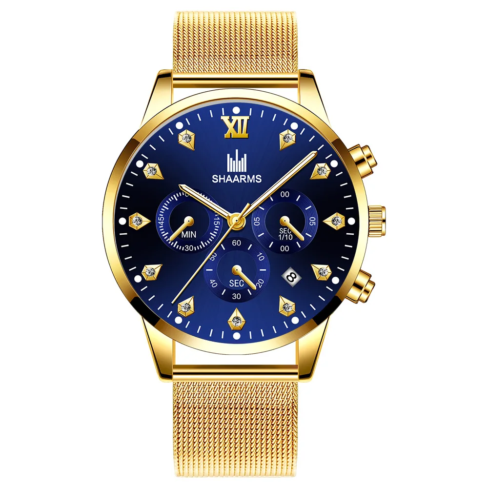 
Hot Selling Three Eye Six Stitches Calendar Clock Diamond Style Quartz Watch Stainless Steel Mesh Belt Wristwatch Business Men 