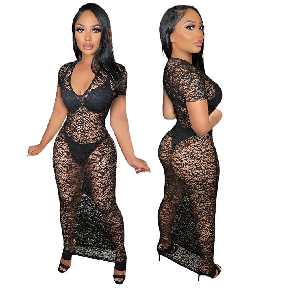 Dropshipping Solid Bodycon Cut Out Fishnet Dress Lace Dresses Women  Maxi Dress Ladies